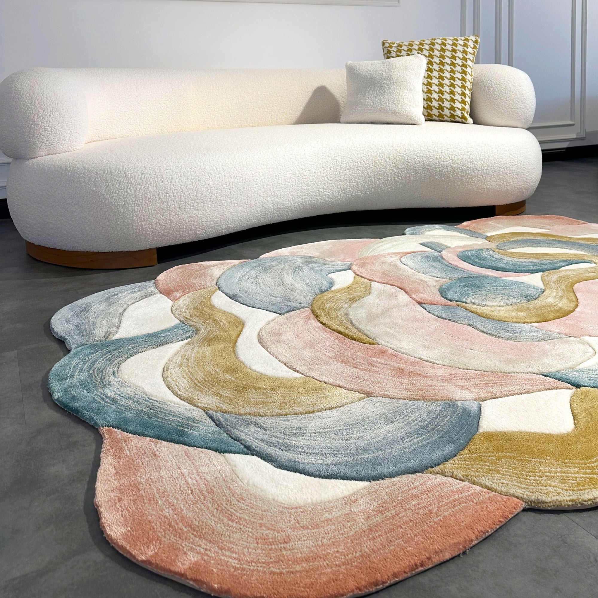 Handmade Wool Rug Tuft Weaving, Sustainable Contemporary Design Carpet, Blue Gold White Pink Colors, Irregular Shape, Custom Made On-Demand in Turkiye_ETUGENE_Cell-001-MX-Home