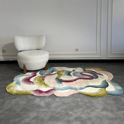 Handmade Wool Rug Tuft Weaving, Sustainable Contemporary Design Carpet, Blue Gold White Pink Grey Colors, Irregular Shape, Custom Made On-Demand in Turkiye_ETUGENE_Cell-001-OX-Home