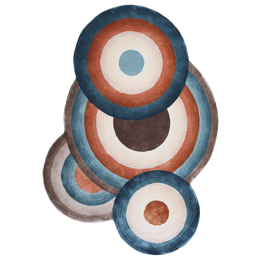 Handmade Wool Rug Tuft Weaving, Sustainable Contemporary Design Carpet, Blue Orange Brown White Circles And Colors, Irregular Shape, Custom Made On-Demand in Turkiye_ETUGENE_Circle-001-N