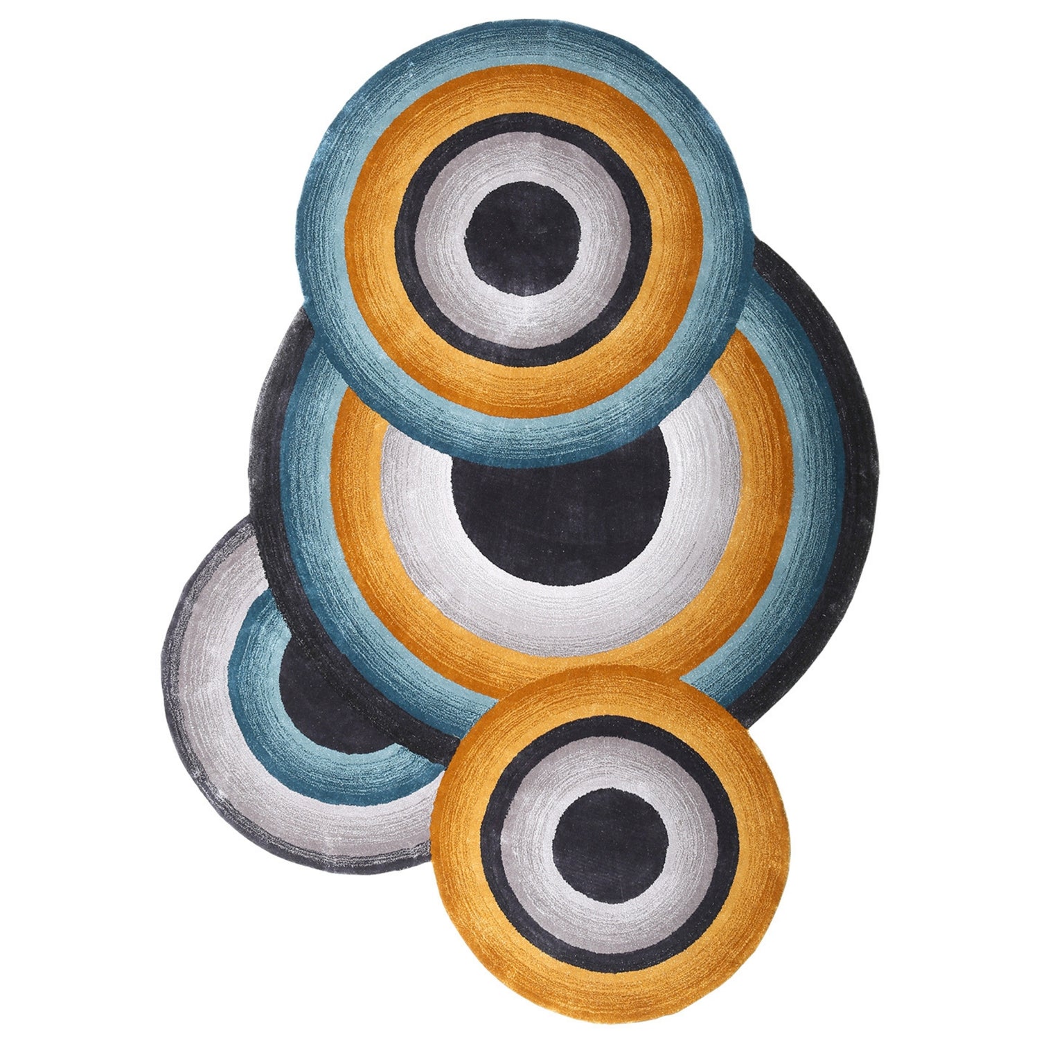 Handmade Wool Rug Tuft Weaving, Sustainable Contemporary Design Carpet, Blue Orange Grey Black Circles And Colors, Irregular Shape, Custom Made On-Demand in Turkiye_ETUGENE_Circle-001-J