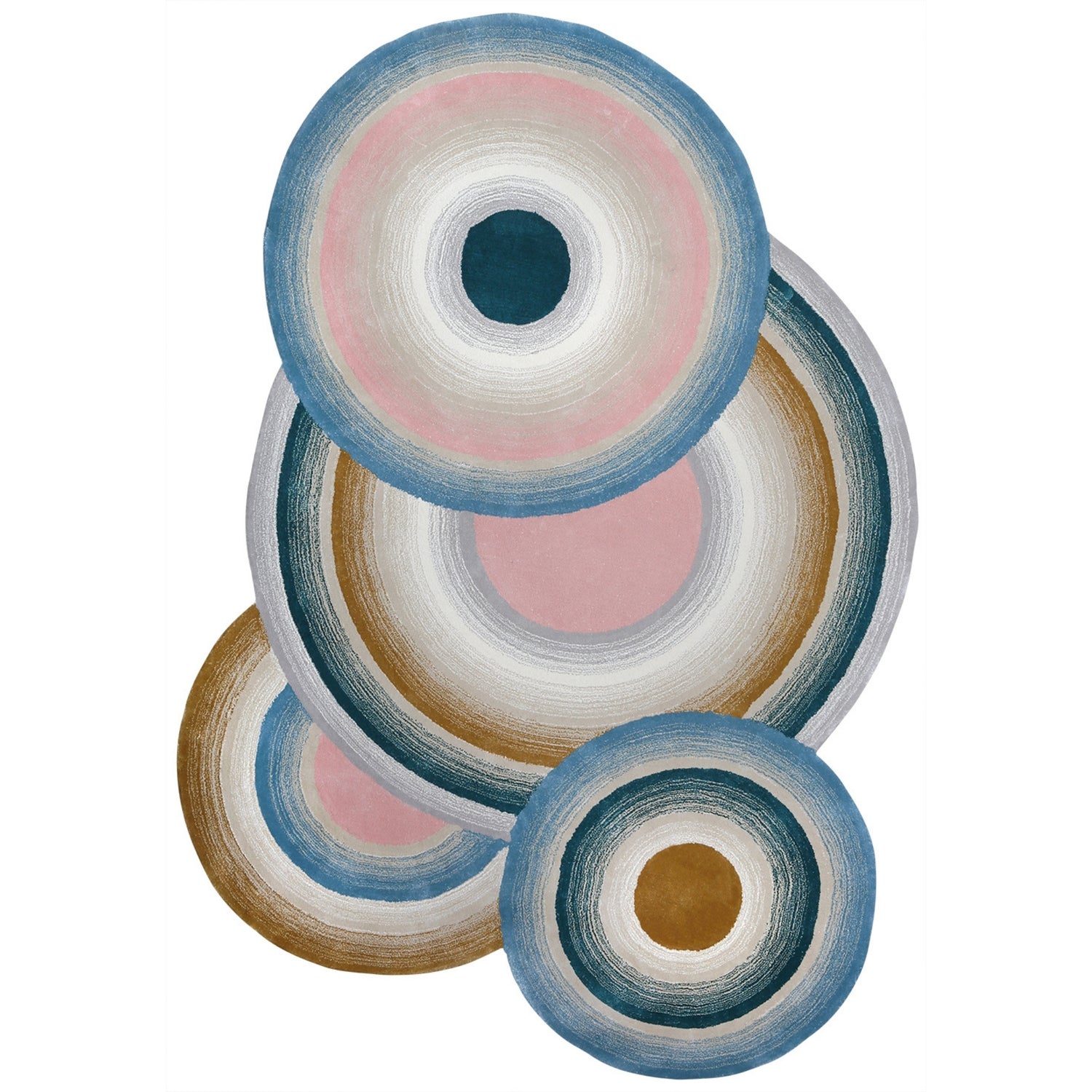 _Handmade Wool Rug Tuft Weaving, Sustainable Contemporary Design Carpet, Blue Pink Grey Gold Circles, Irregular Shape, Custom Made On-Demand in Turkiye_ETUGENE_Circle-001-PX
