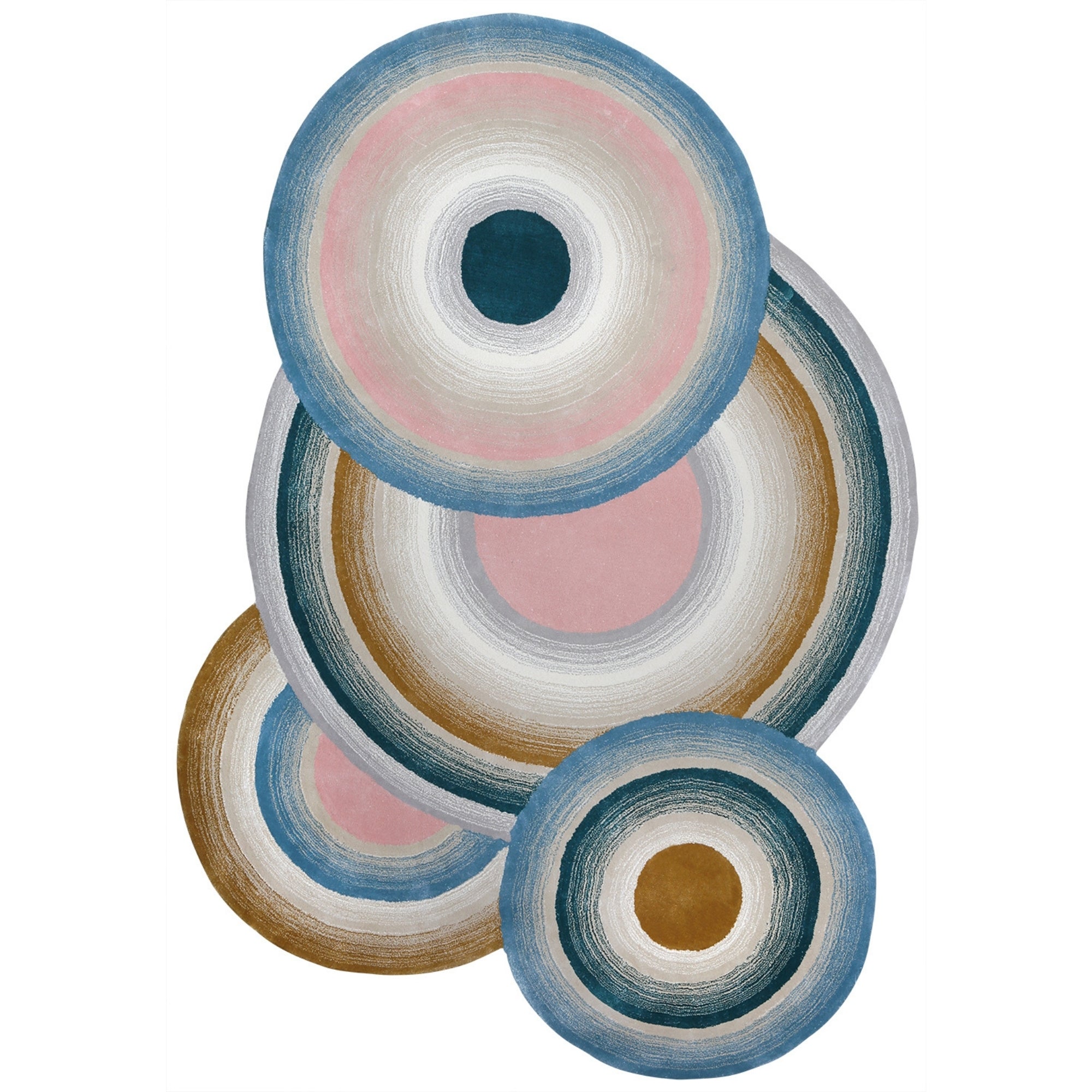 _Handmade Wool Rug Tuft Weaving, Sustainable Contemporary Design Carpet, Blue Pink Grey Gold Circles, Irregular Shape, Custom Made On-Demand in Turkiye_ETUGENE_Circle-001-PX