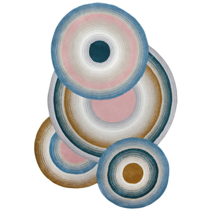_Handmade Wool Rug Tuft Weaving, Sustainable Contemporary Design Carpet, Blue Pink Grey Gold Circles, Irregular Shape, Custom Made On-Demand in Turkiye_ETUGENE_Circle-001-PX