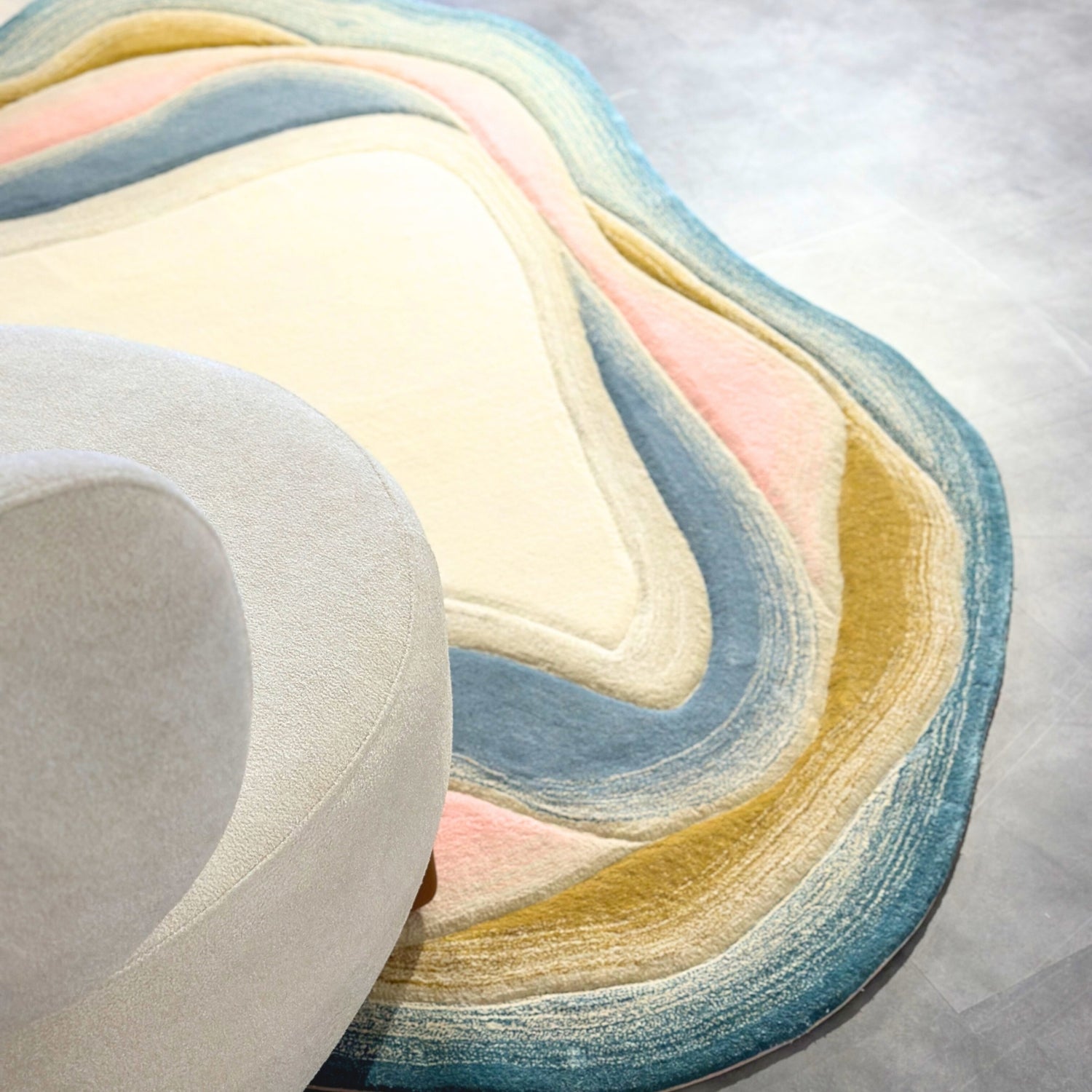 Handmade Wool Rug Tuft Weaving, Sustainable Contemporary Design Carpet, Blue Pink Layered Round Shapes, Irregular Shape, Custom Made On-Demand in Turkiye_ETUGENE_Lava-001-MX-Floor