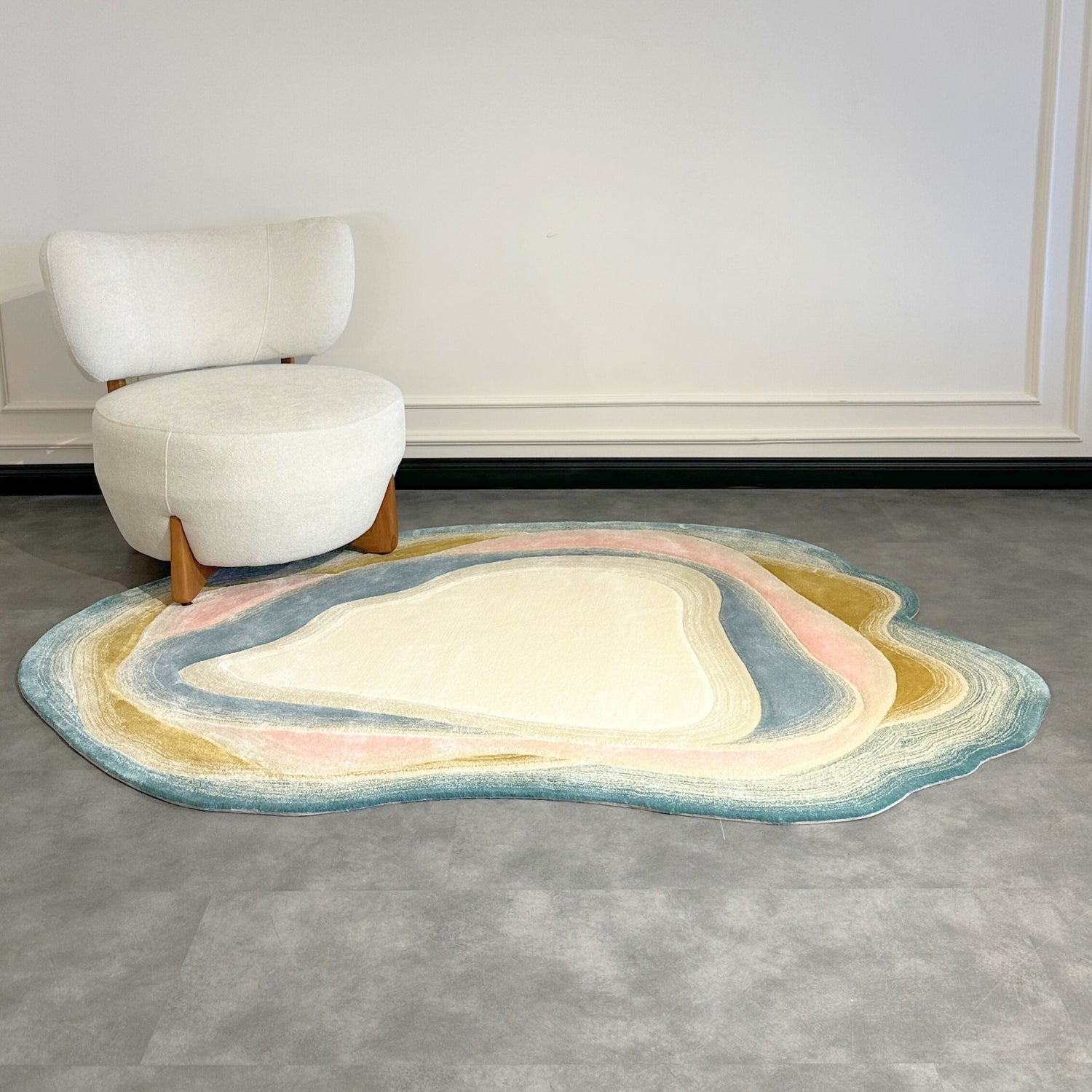 Handmade Wool Rug Tuft Weaving, Sustainable Contemporary Design Carpet, Blue Pink Layered Round Shapes, Irregular Shape, Custom Made On-Demand in Turkiye_ETUGENE_Lava-001-MX-Home