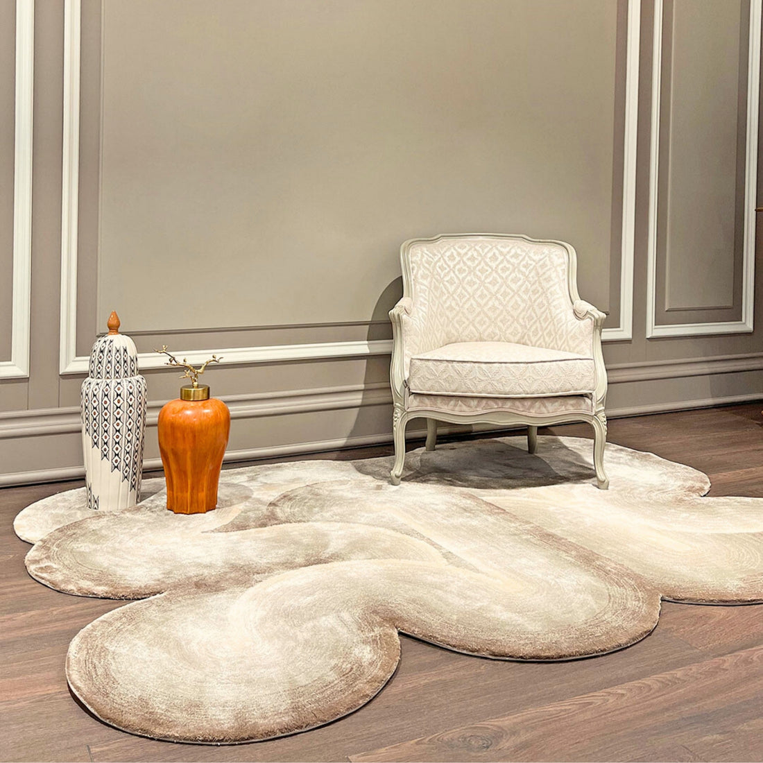 Handmade Wool Rug Tuft Weaving, Sustainable Contemporary Design Carpet, Brown Rounded Shapes, Irregular Shape, Custom Made On-Demand in Turkiye_ETUGENE_Geo-007-B-Home