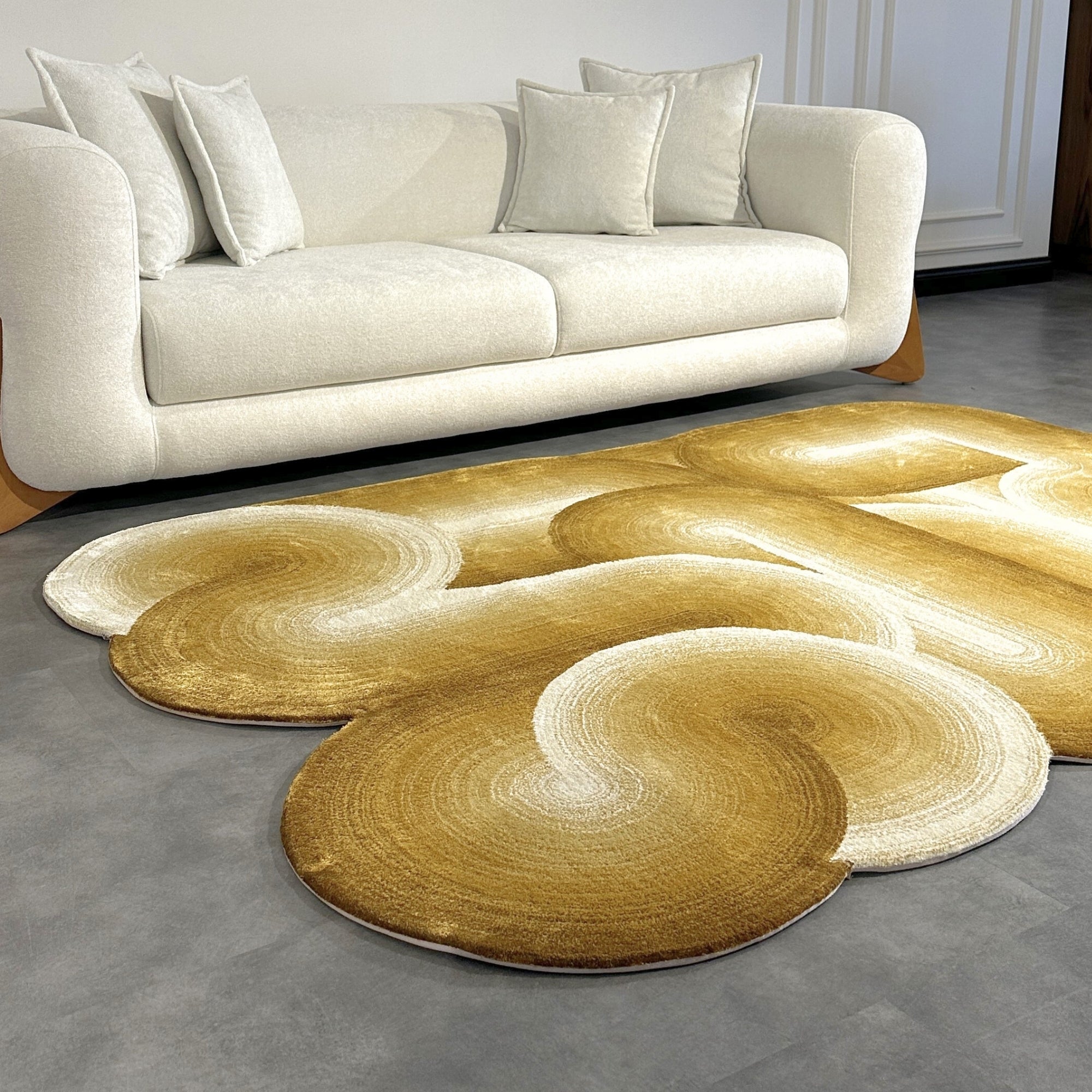 Handmade Wool Rug Tuft Weaving, Sustainable Contemporary Design Carpet, Brown Yellow Rounded Shapes, Irregular Shape, Custom Made On-Demand in Turkiye_ETUGENE_Geo-009-S-Home