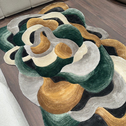 Handmade Wool Rug Tuft Weaving, Sustainable Contemporary Design Carpet, Green Gold Black Grey Colors, Irregular Shape, Custom Made On-Demand in Turkiye_ETUGENE_Cell-001-GR-Home