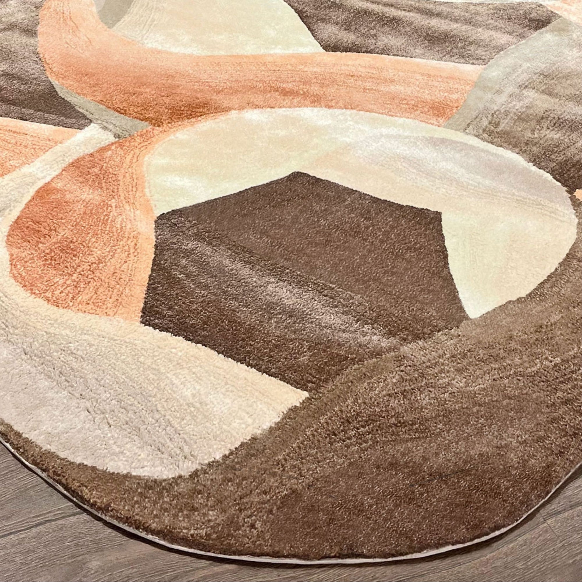 Handmade Wool Rug Tuft Weaving, Sustainable Contemporary Design Carpet, Salmon Orange Brown Beige Colors, Irregular Shape, Custom Made On-Demand in Turkiye_ETUGENE_Circle-005-NX-Floor