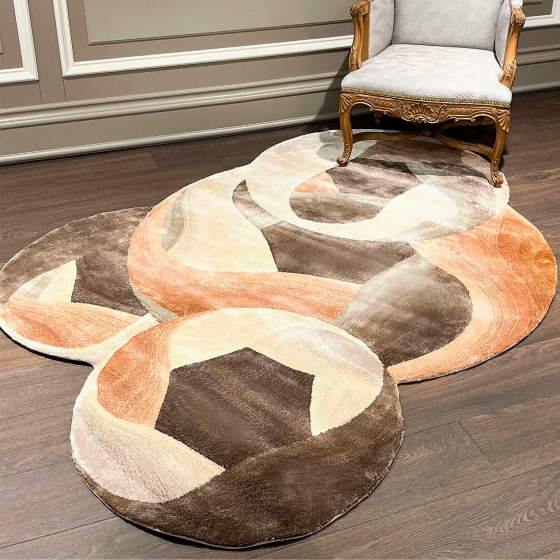 Handmade Wool Rug Tuft Weaving, Sustainable Contemporary Design Carpet, Salmon Orange Brown Beige Colors, Irregular Shape, Custom Made On-Demand in Turkiye_ETUGENE_Circle-005-NX-Home