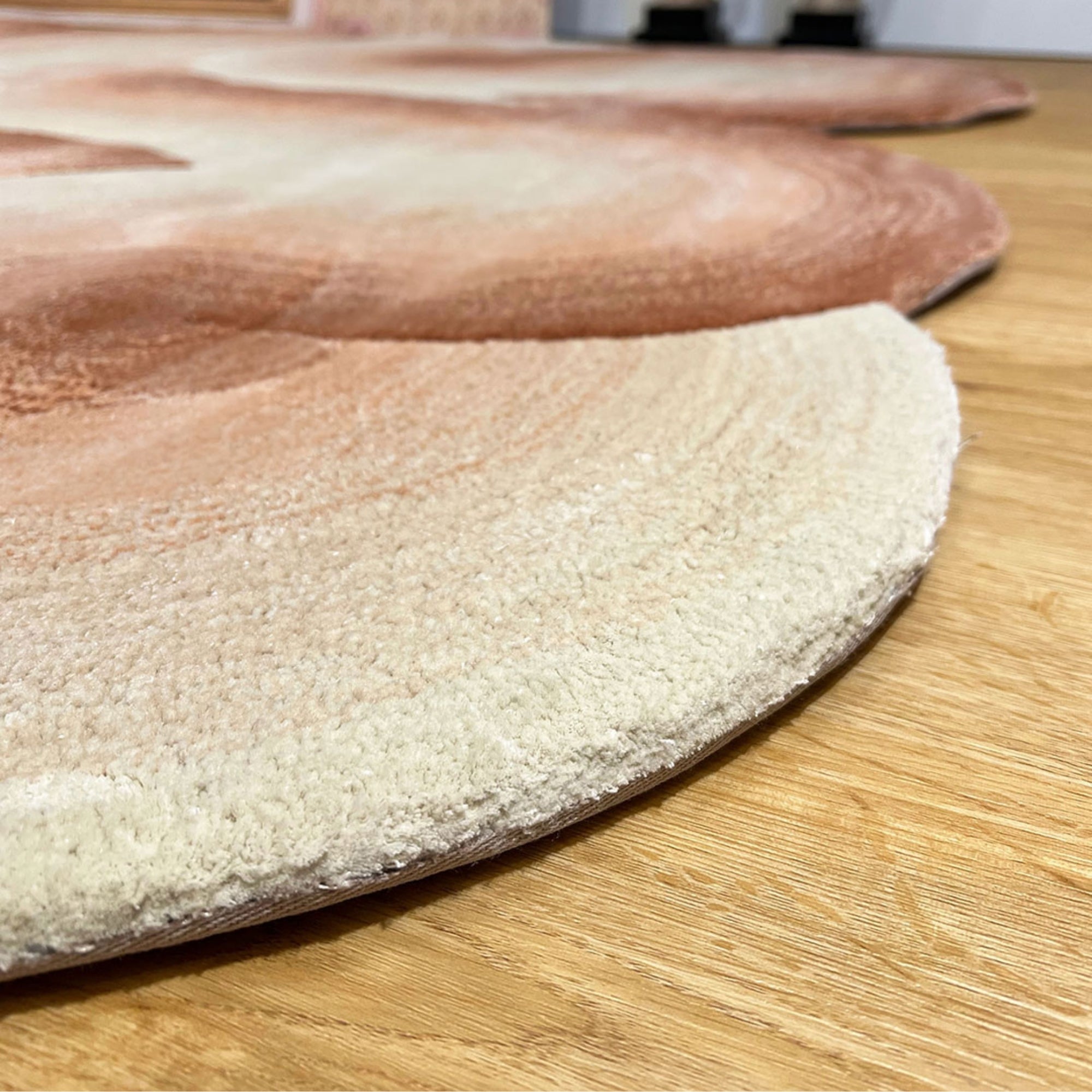 Handmade Wool Rug Tuft Weaving, Sustainable Contemporary Design Carpet, Salmon Rounded Shapes, Irregular Shape, Custom Made On-Demand in Turkiye_ETUGENE_Geo-007-D-FloorZoom
