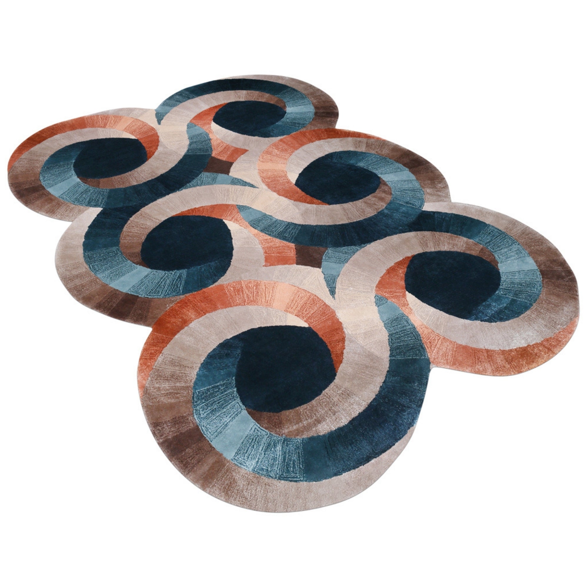Handmade Wool Rug Tuft Weaving, Sustainable Contemporary Design Carpet, Six Blue Orange Brown Circles, Irregular Shape, Custom Made On-Demand in Turkiye_ETUGENE_Circle-006-N-Horizontal