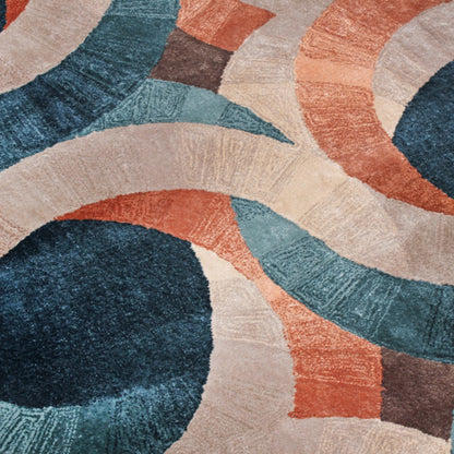 Handmade Wool Rug Tuft Weaving, Sustainable Contemporary Design Carpet, Six Blue Orange Brown Circles, Irregular Shape, Custom Made On-Demand in Turkiye_ETUGENE_Circle-006-N-Motifs