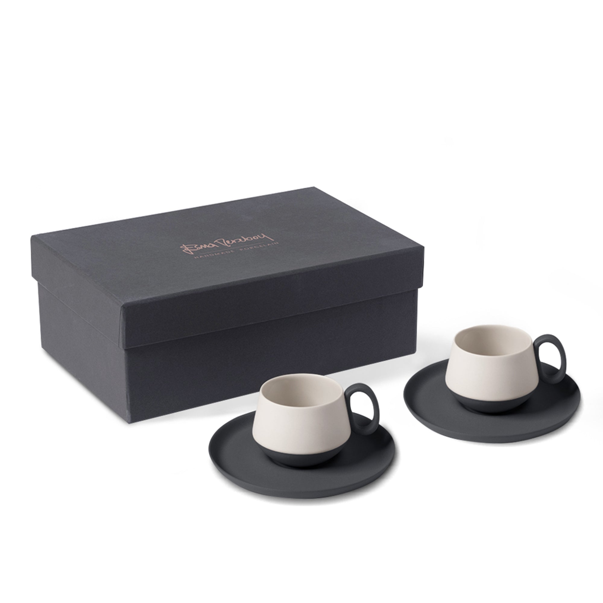 Tube-Espresso-Cup-Wit-Saucer-Set-Of-2Black-Ivory-Porcelain-Handmade-ETUGENE