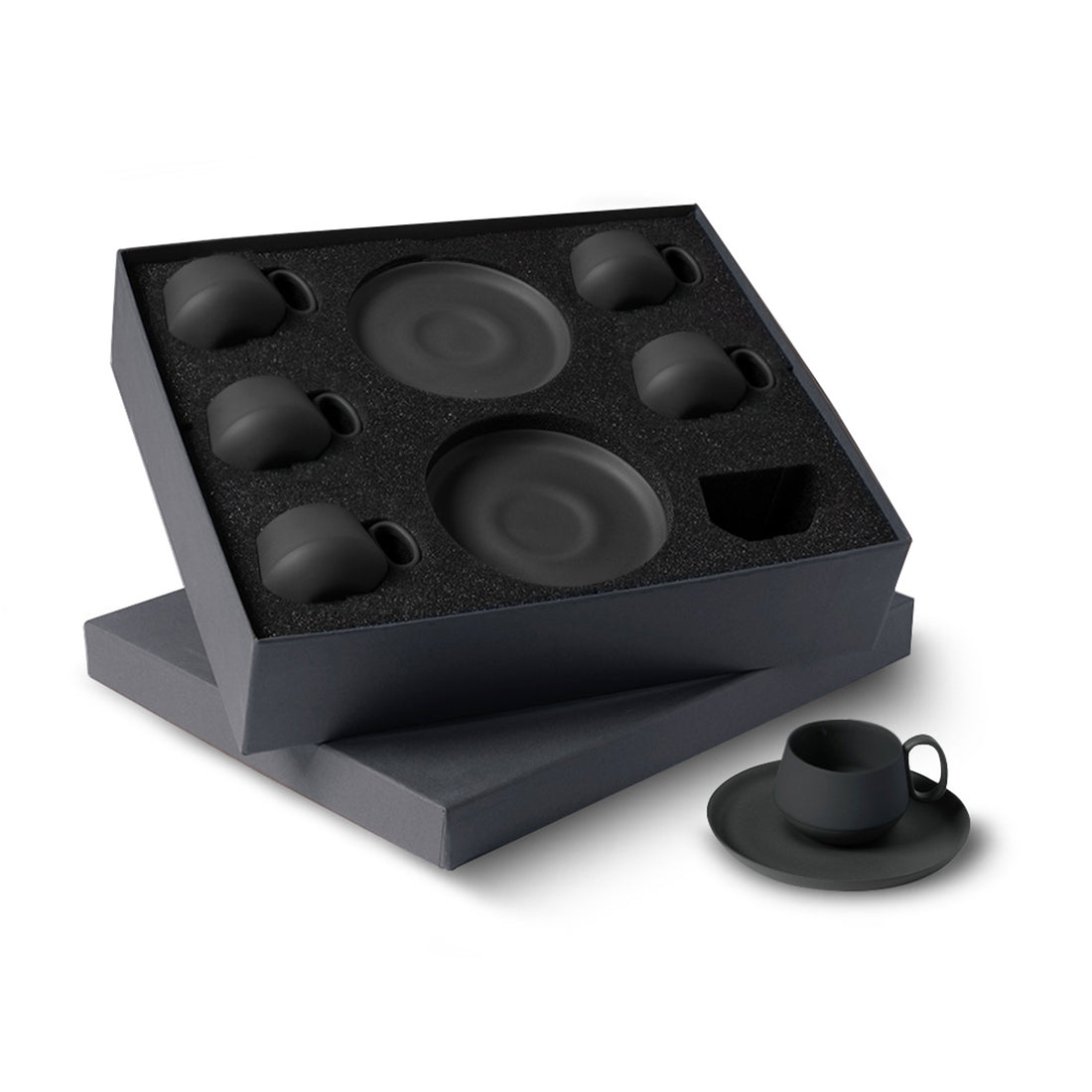 Tube-Espresso-Cup-Wit-Saucer-Set-Of-6Black-Porcelain-Handmade-ETUGENE