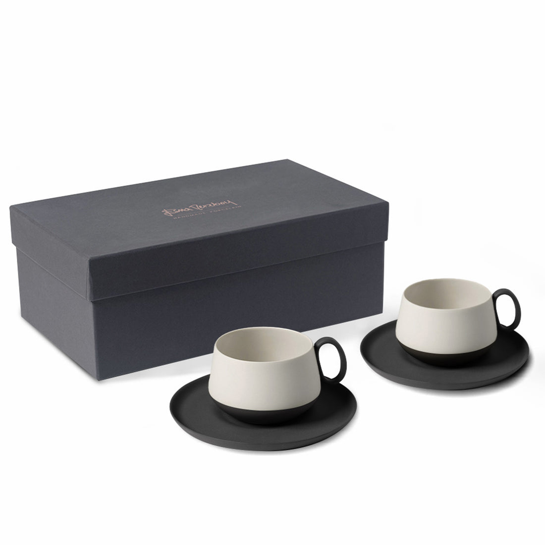 Tube-Tea-Cup-With-Saucer-Set-Of-2-Black-Ivory-Porcelain-Handmade-ETUGENE