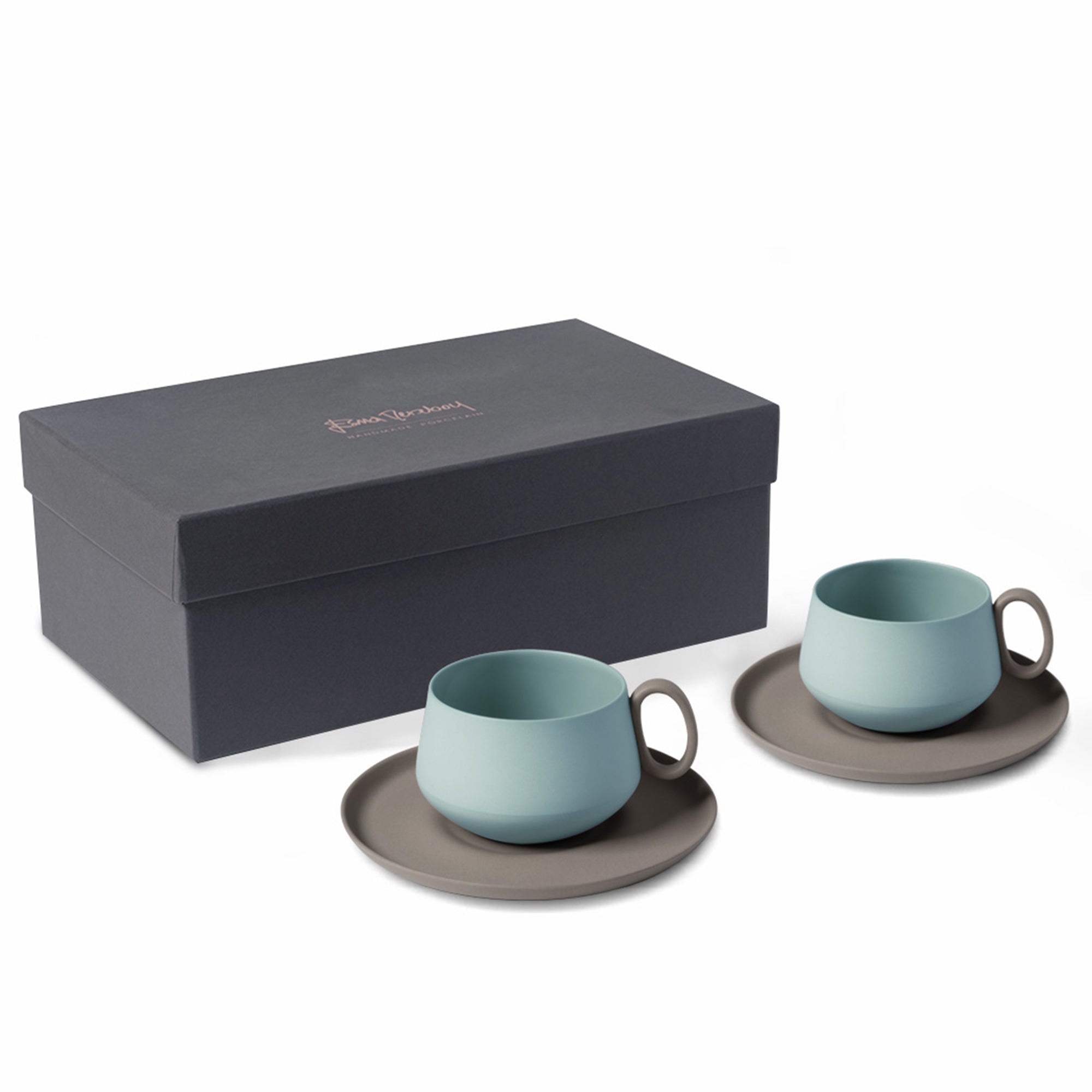 Tube-Tea-Cup-With-Saucer-Set-Of-2-Rock-Aqua-Porcelain-Handmade-ETUGENE