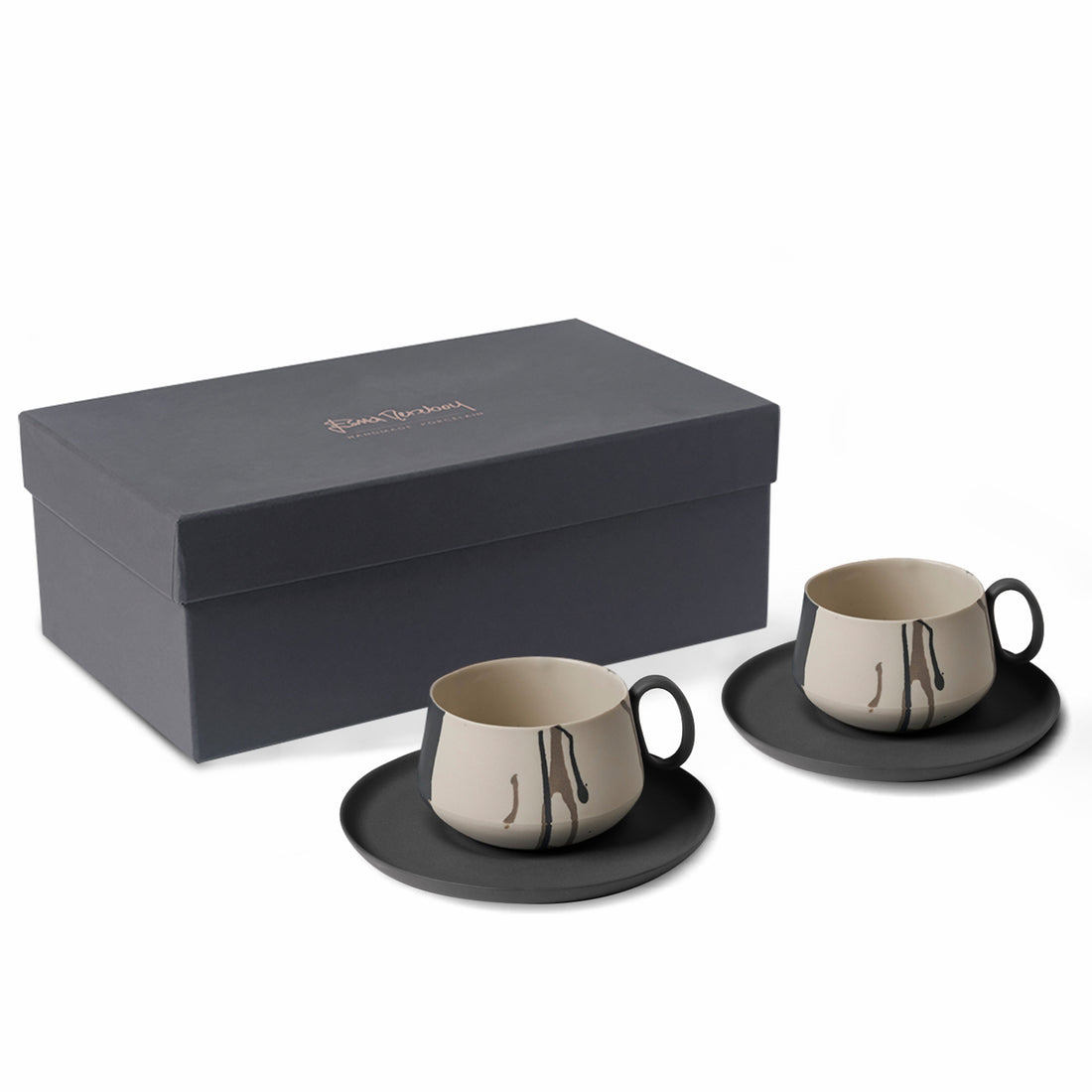 Tube-Tea-Cup-with-Saucer-Set-Of-2-Colour-Wave-Black-Porcelain-Handmade-ETUGENE